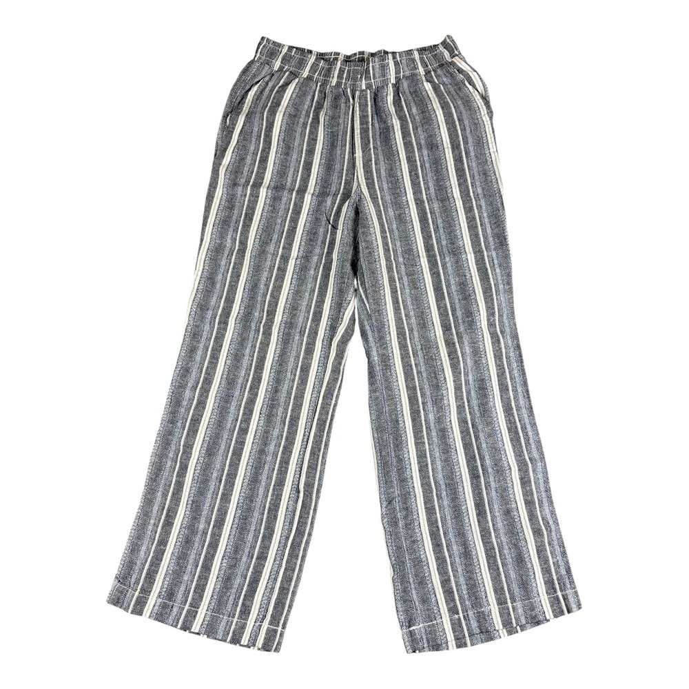 Briggs Striped Wide Leg Pants Women Large Blue White Linen Blend Elastic Waist